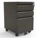Right angled contemporary three-drawer gunmetal locking file cabinet with wheels on a white background