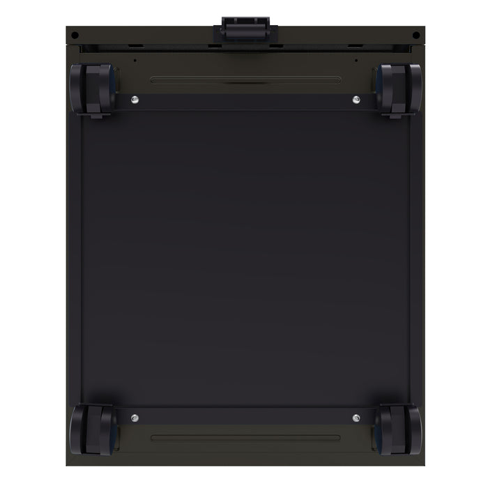 Front facing bottom view of a contemporary three-drawer gunmetal locking file cabinet with wheels on a white background