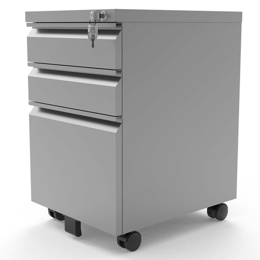 Left angled contemporary three-drawer silver locking file cabinet with wheels on a white background