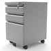 Left angled contemporary three-drawer silver locking file cabinet with wheels on a white background