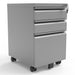 Right angled contemporary three-drawer silver locking file cabinet with wheels on a white background