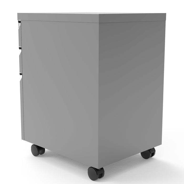 Right angled back view of a contemporary three-drawer silver locking file cabinet with wheels on a white background