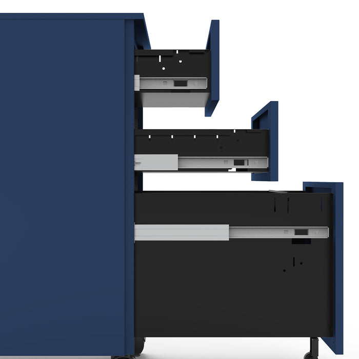 Right-facing modern navy blue steel file cabinet opened to show two top drawers and deep bottom file drawer on white background.