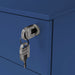 Left-facing modern navy blue steel file cabinet up-close detail of security lock and keys.
