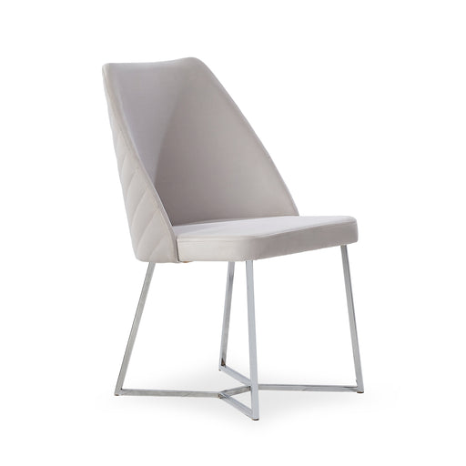 Right-angled modern glam white microfiber dining chair with a geometric base on white background.