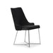 Right-angled modern glam black microfiber dining chair with a geometric base on white background.
