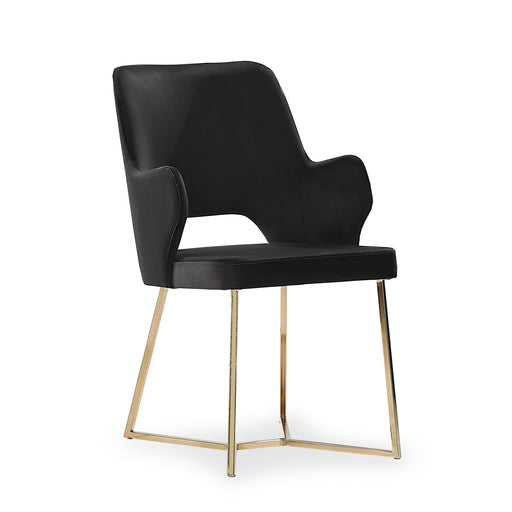 Right-angled modern glam black microfiber dining armchair with a geometric base on white background.