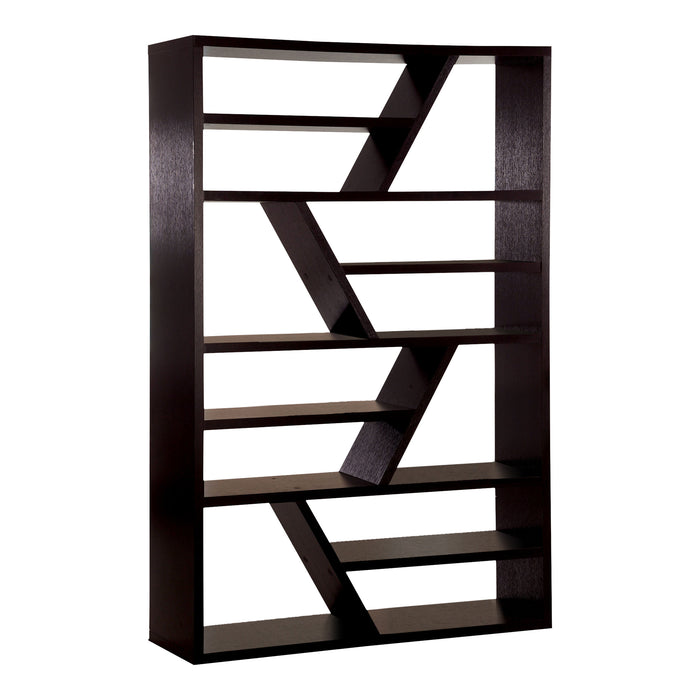 Right angled contemporary espresso open shelf bookcase with angular accents on a white background