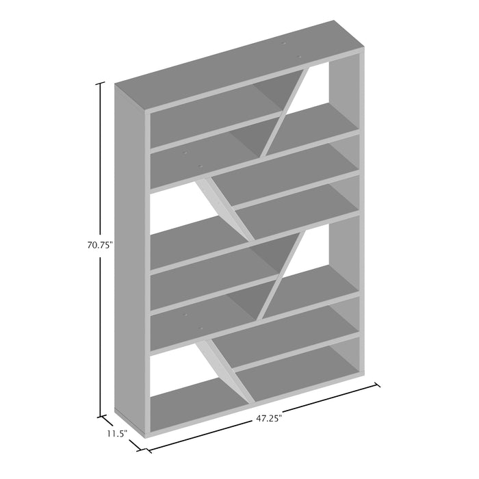 Right angled representation of contemporary espresso open shelf bookcase with dimensions
