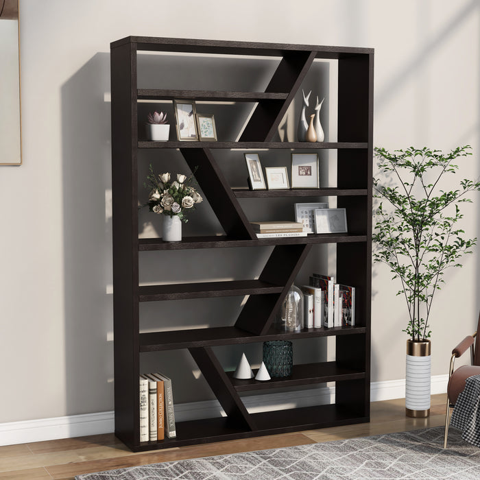 Right angled contemporary espresso open shelf bookcase with angular accents as a room divider with accessories