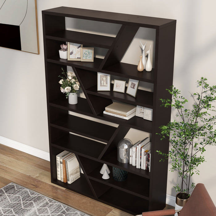 Angled left-facing contemporary espresso open shelf bookcase with angular accents as a room divider with accessories