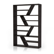 Left angled contemporary espresso open shelf bookcase with angular accents on a white background