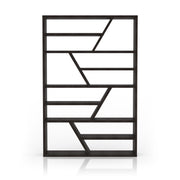 Front-facing contemporary espresso open shelf bookcase with angular accents on a white background