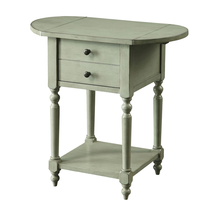 Left angled antique gray one-drawer double drop-leaf side table on a white background