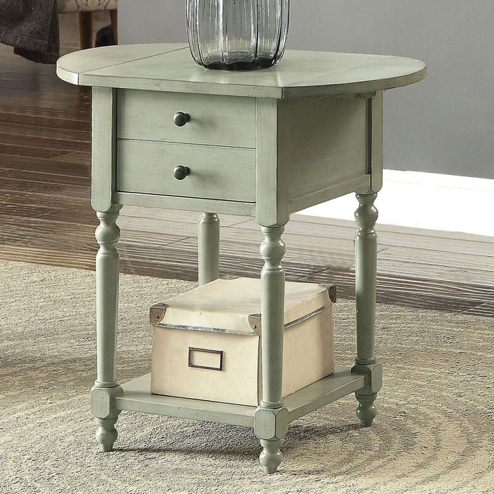  Angled left-facing antique gray one-drawer double drop-leaf side table in a living area with accessories