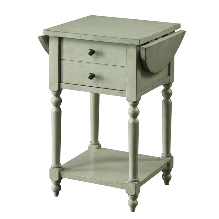 Left angled antique gray one-drawer double drop-leaf side table with sides dropped on a white background