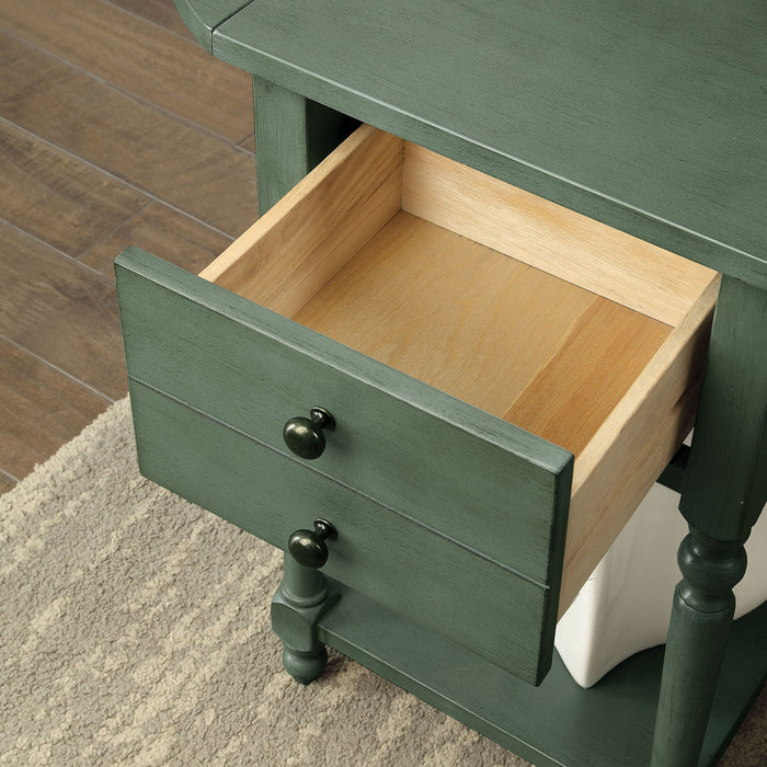  Angled left-facing antique teal one-drawer double drop-leaf side table with drawer open in a living area with accessories
