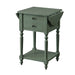  Angled left-facing antique teal one-drawer double drop-leaf side table with sides dropped on a white background