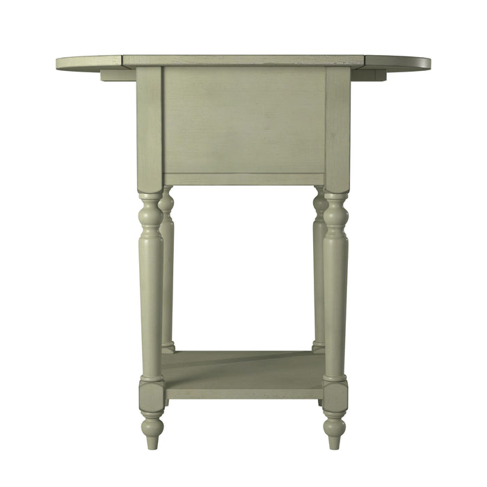 Back-facing antique white one-drawer double drop-leaf side table on a white background
