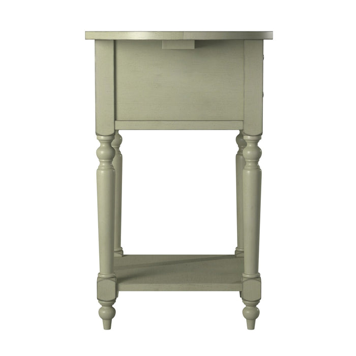 Side view antique white one-drawer double drop-leaf side table on a white background