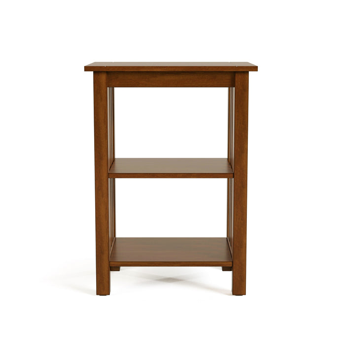 Front-facing mission style solid wood two-shelf end table in antique oak on a white background