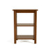 Front-facing mission style solid wood two-shelf end table in antique oak on a white background