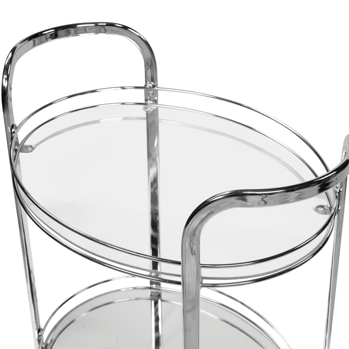 Left angled close up contemporary chrome and tempered glass serving cart with two shelves top view detail on a white background