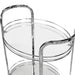 Left angled close up contemporary chrome and tempered glass serving cart with two shelves top view detail on a white background
