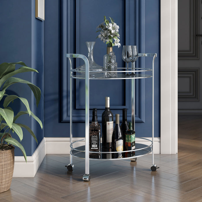 Right angled contemporary chrome and tempered glass serving cart with two shelves in a living space with accessories