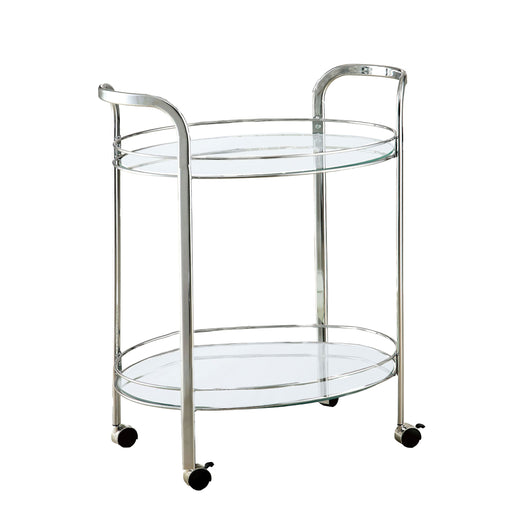 Right angled contemporary chrome and tempered glass serving cart with two shelves on a white background