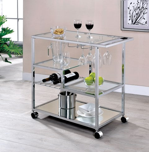 Brookwood Glass & Mirror Chrome Wine Serving Cart with Stemware Racks