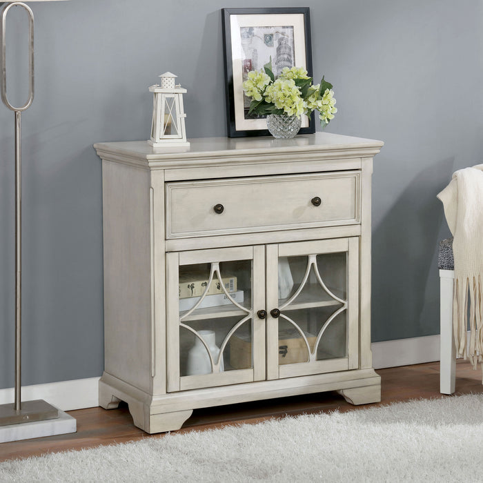 Right angled traditional antique white one-drawer hallway cabinet in a living area with accessories
