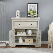 Front facing traditional antique white one-drawer hallway cabinet with glass doors open in a living area with accessories