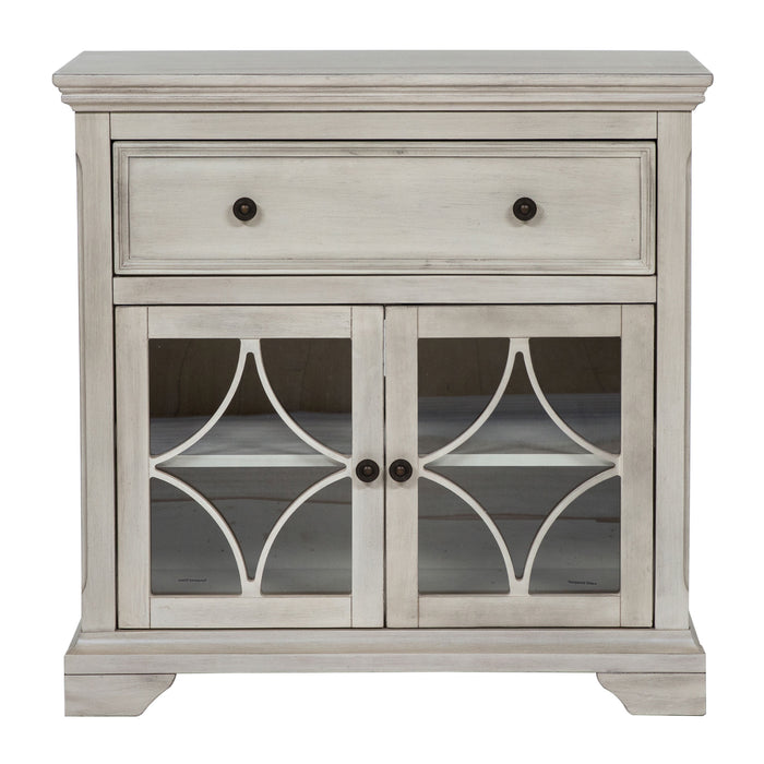 Front facing traditional antique white one-drawer hallway cabinet on a white background
