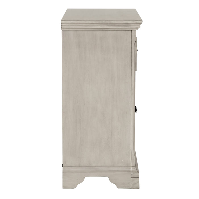 Front facing side view of a traditional antique white one-drawer hallway cabinet on a white background