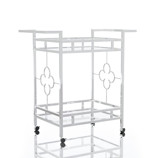 Right angled contemporary chrome and tempered glass serving cart with quatrefoil accents on a white background