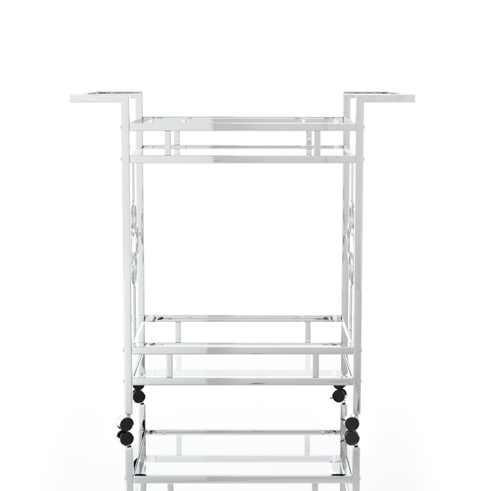 Front-facing contemporary chrome and tempered glass serving cart with quatrefoil accents on a white background