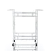 Front-facing contemporary chrome and tempered glass serving cart with quatrefoil accents on a white background