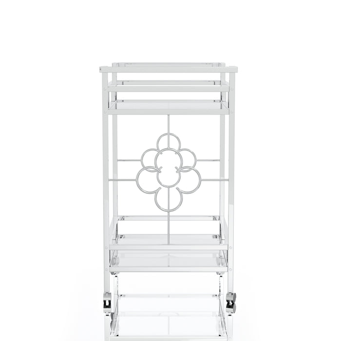Front-facing side view contemporary chrome and tempered glass serving cart with quatrefoil accents on a white background