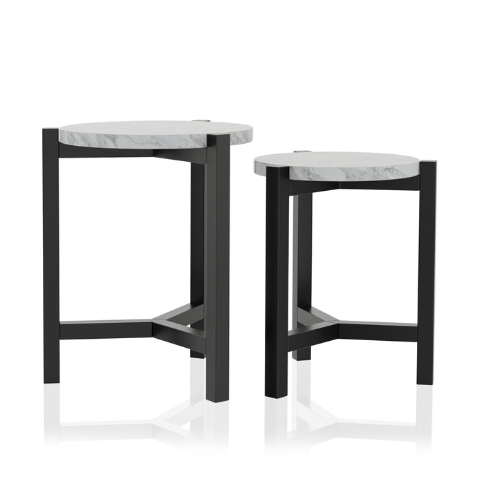 Syed White Faux Marble and Brushed Brown Grey Round Nesting Tables