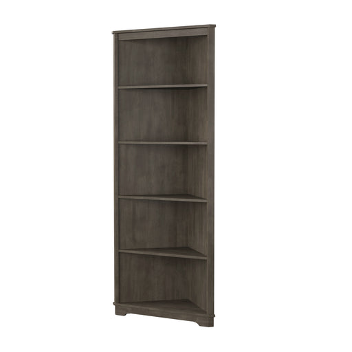 Left angled transitional antique gray poplar wood corner bookcase with five shelves on a white background