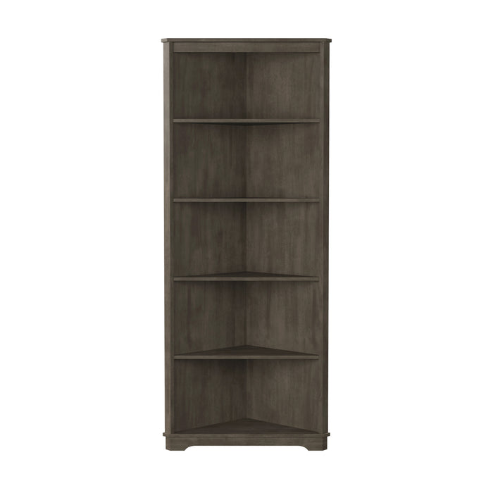 Front-facing transitional antique gray poplar wood corner bookcase with five shelves on a white background