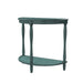 Left-angled demi-lune accent table in an antique green finish with turned legs on a white background