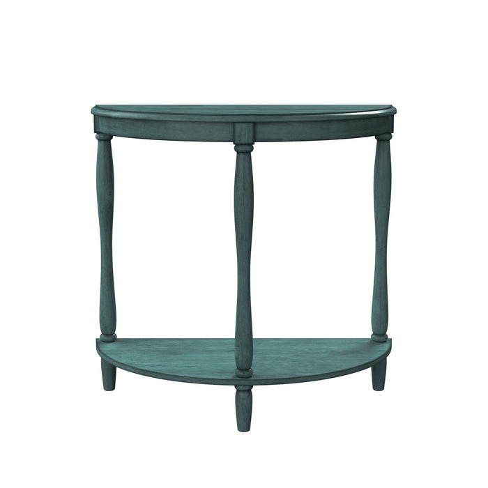 Front-facing demi-lune accent table in an antique green finish with turned legs on a white background