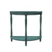 Front-facing demi-lune accent table in an antique green finish with turned legs on a white background