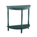 Right-angled demi-lune accent table in an antique green finish with turned legs on a white background