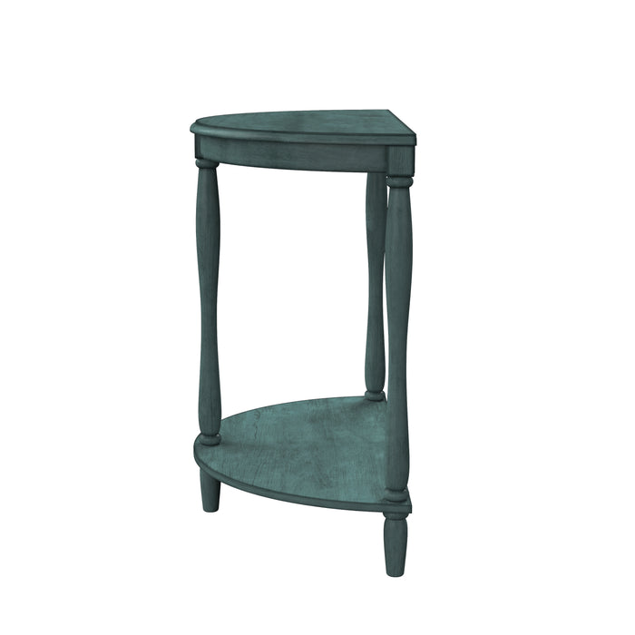 Side view demi-lune accent table in an antique green finish with turned legs on a white background