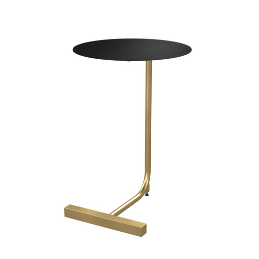 Left angled contemporary black and gold C-shaped side table on a white background