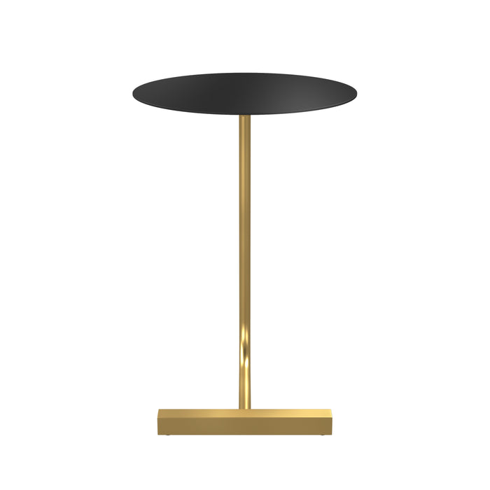 Front-facing contemporary black and gold C-shaped side table on a white background