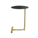 Front-facing side view contemporary black and gold C-shaped side table on a white background